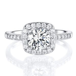 Silver Rhodium and White Diamond Cubic Zirconia Square Halo Ring